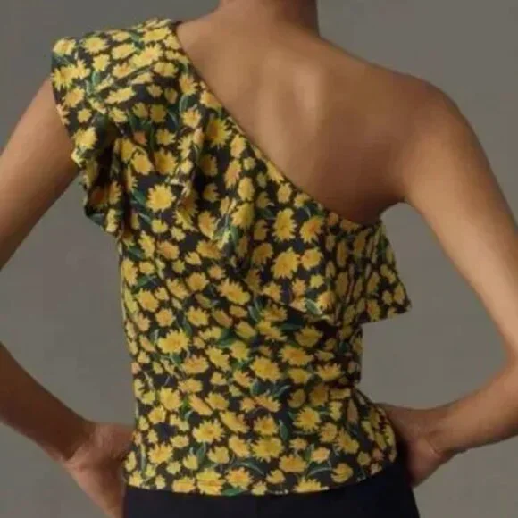 Anthropologie Maeve One-Shoulder Daisy Ruffled Top - Picture 2 of 11